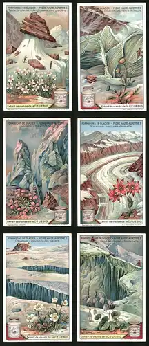 6 Sammelbilder Liebig, Serie Nr. 1193: Formations de Glacier, Flore Haute-Alpestre, Pont de glacier-Soldanelle