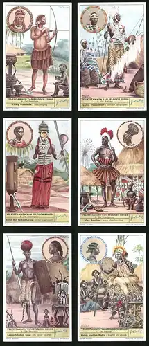 6 Sammelbilder Liebig, Serie Nr. 1626: Volksstammen van Belgisch Kongo, De Baluba, De Batetela, De Manggbetu