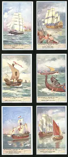 6 Sammelbilder Liebig, Serie Nr. 1582: Les Bateaux a Travers les Ages, La Galiote á trois mâts-Le Tjalk, La Caravelle