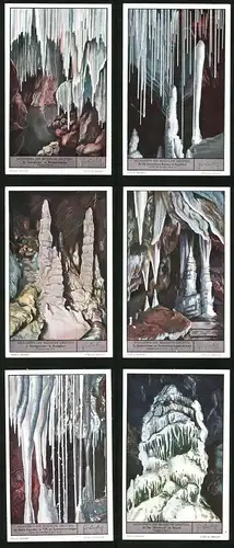 6 Sammelbilder Liebig, Serie Nr. 1361: Wonderen der Belgische Grotten, De Waterval te Dinant