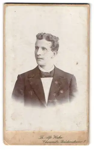 Fotografie Th. Alfr. Hahn, Chemnitz, Brückenstr. 5, Portrait junger Mann im Anzug mit Locken und Fliege
