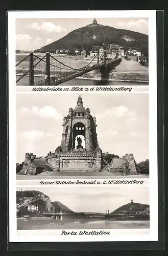 AK Porta Westfalica, Kettenbrücke gegen Wittekindberg, Kaiser Wilhelm-Denkmal