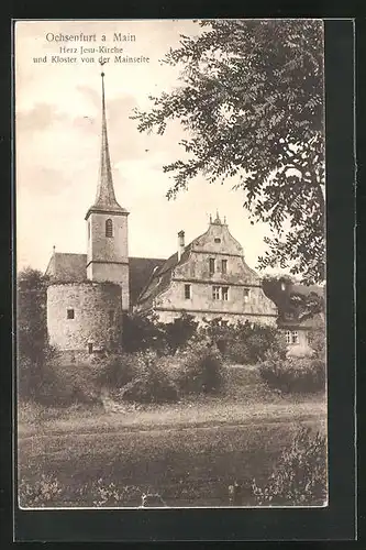 AK Ochsenfurt /Main, Herz-Jesu-Kirche und Kloster von der Mainseite