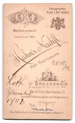 Fotografie Hahn`s Nachf., Dresden, Ferdinandstr. 11, Portrait kleines Mädchen Lotte Scherenbeck im weissen Kleid