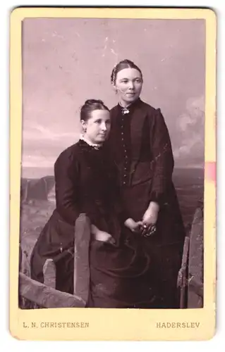 Fotografie L. N. Christensen, Haderslev, Apothekergade 310, Portrait zwei Damen in Biedermeierkleidern halten Händchen