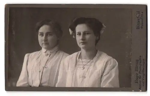 Fotografie Hugo Hüttig, Bitterfeld, Ratswall 12a, Portrait zwei Damen Gertrud und Margarete Tyschachel in Kleidern