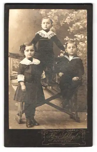 Fotografie Alfred Schlegel, Mittweida, Portrait drei Kinder, Jungen in Matrosenanzügen und Mädchen im Kleid mit Spitze