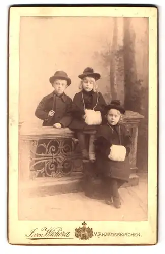 Fotografie F. Von Wichera, Weisskirchen, Geschwister im Sonntagsstaat, Mädchen mit Muff