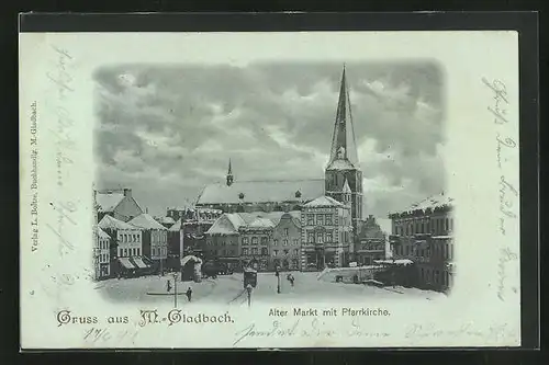 Mondschein-AK Mönchengladbach, Alter Markt mit Pfarrkirche
