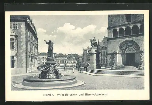 AK Bremen, Wilhadibrunnen und Bismarckdenkmal