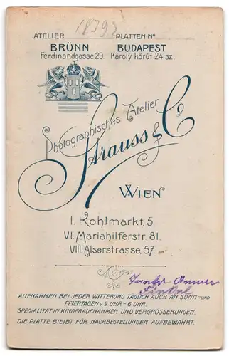 Fotografie Strauss & Co., Wien, Kohlmarkt 5, Portrait junge Dame im hübschen Kleid