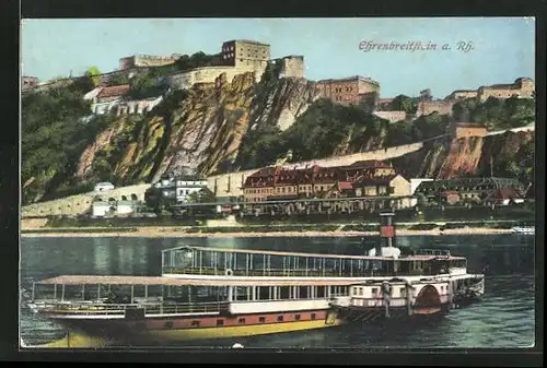 AK Ehrenbreitstein, Blick auf die Feste mit Rheindampfer