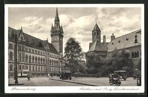 AK Braunschweig, Rathaus mit Burg Dankwarderode und Autos