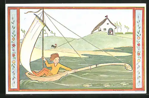 Künstler-AK Rie Cramer: Versjes van vroeger, Kind in einem Löffelboot