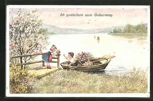 Künstler-AK Elly Frank: Junge im Boot mit Blumen und Mädchen, Geburtstagsgruss
