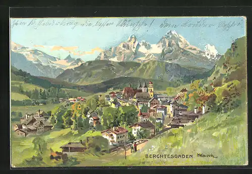 Künstler-AK Karl Heinisch: Berchtesgaden, Teilansicht mit Bergen