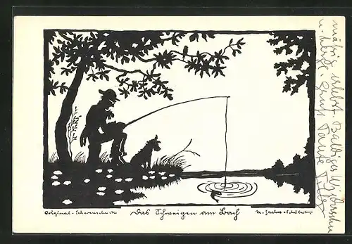 Künstler-AK Marta Sachse-Schubert: Angler am Teich mit seinem Hund