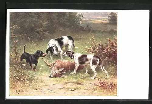 Künstler-AK Carl Reichert: Jagdhunde und Dackel am erlegten Wild