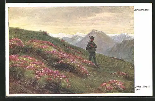 Künstler-AK Josef Straka: Wanderer im Almenrausch