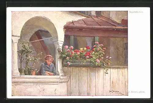 Künstler-AK Josef Straka: Nesthäkchen auf dem Balkon