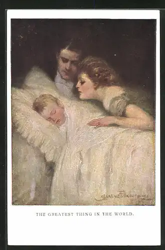 Künstler-AK Clarence F. Underwood: Eltern bei ihrem Kind am Bett