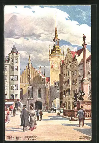 Künstler-AK Richard Wagner: München, Marienplatz und altes Rathaus