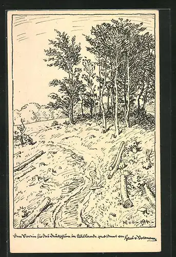 Künstler-AK Hans von Volkmann: Ortspartie mit Bäumen