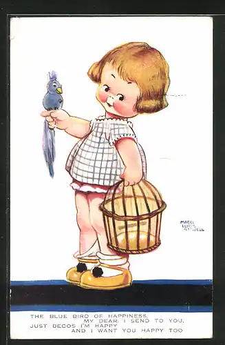 Künstler-AK Mabel Lucie Attwell: Kind mit blauem Vogel auf der Hand