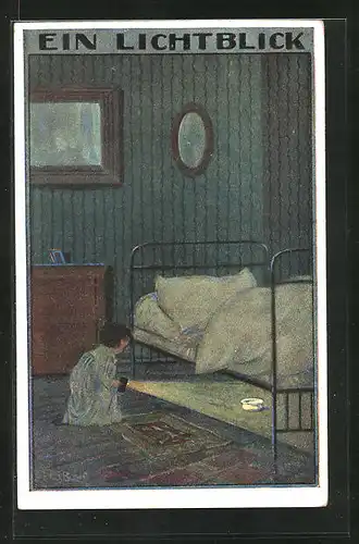 Künstler-AK H.S.B.: Ein Lichtblick, Kind mit Taschenlampe am Bett