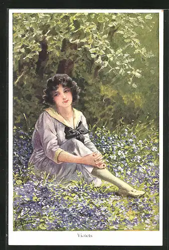 Künstler-AK Bill Fisher: Violets, Fräulein sitzt im Blumenmeer