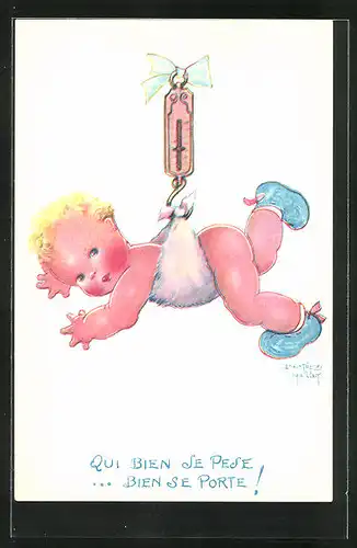 Künstler-AK Beatrice Mallet: Baby an der Waage