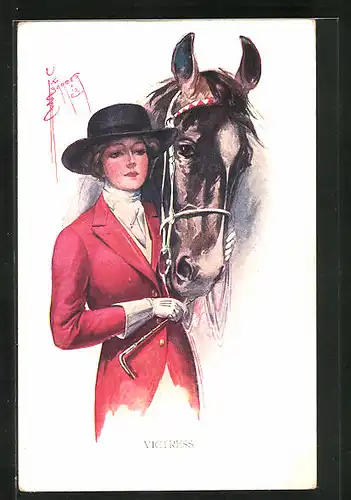 Künstler-AK Court Barber: Victress, Hübsche Reiterin mit ihrem Pferd