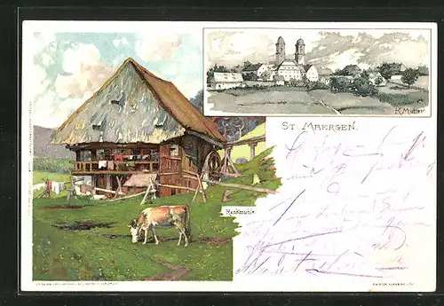 Künstler-AK Karl Mutter: St. Maergen, Teilansicht, Rankmühle und weidendes Rind