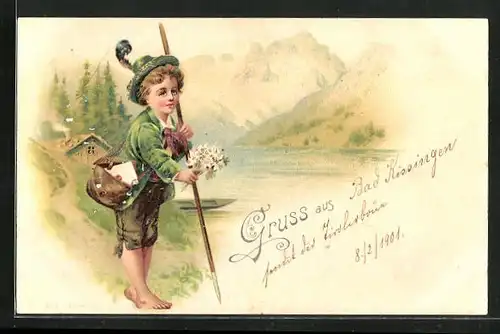 Glitzer-AK Junge in Tracht mit Alpenblumen am Ufer