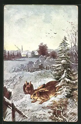 Künstler-AK Kaninchen im verschneiten Feld