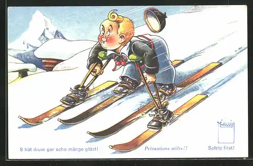Künstler-AK Paul Minouvis: S hät drum gar scho mänge glitzt!, sicherheitsbewusster Skifahrer