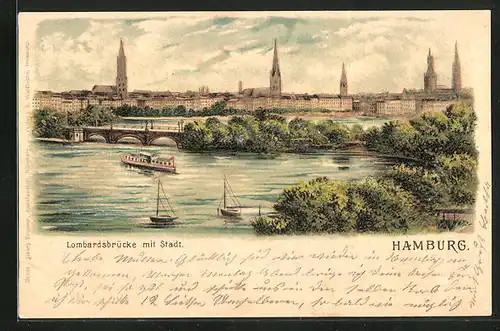 Lithographie Hamburg, Lombardsbrücke mit Stadt