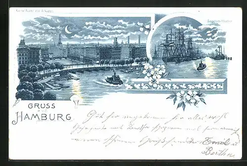 Mondschein-Lithographie Hamburg, Segelschiffhafen und kleine Alster mit Akaden bei Nacht