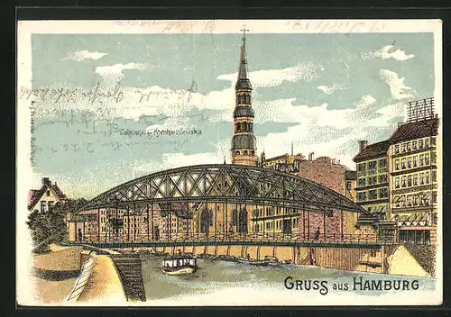 Lithographie Hamburg, Kornhausbrück über den Zollkanal