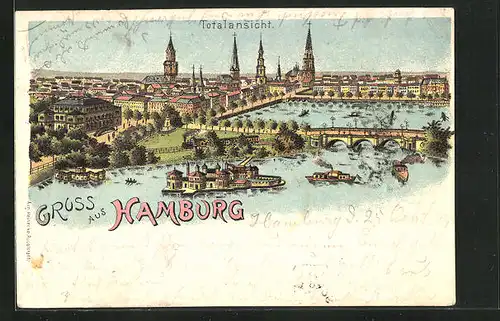 Lithographie Hamburg, Totalansicht der Stadt mit Schiffen