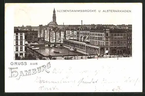 Lithographie Hamburg, Reesendammsbrücke und Alsterakaden