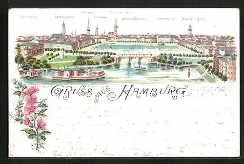 Lithographie Hamburg, Totalansicht mit Alsterbassin, Michaeliskirche, Kunsthalle, Jacobkirche