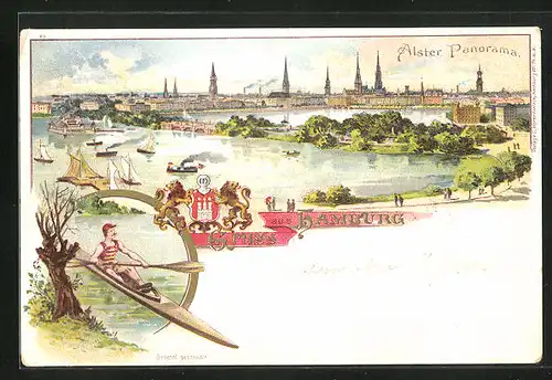 Lithographie Hamburg, Alsterpromenade mit Schiffen und Kanufahrer