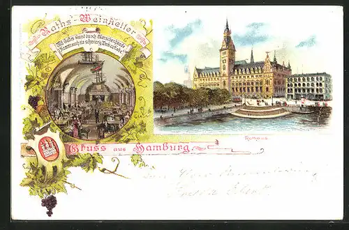 Lithographie Hamburg, Gasthaus Ratswein-Keller und Flusspartie mit Rathaus