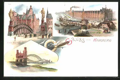 Lithographie Hamburg, Brooks Brücke, Freihafen Lagerhäuser, Neue Elbbrücke