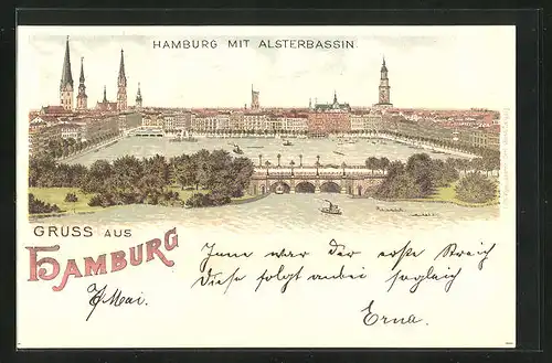 Lithographie Hamburg, Alsterbassin mit Schiffen