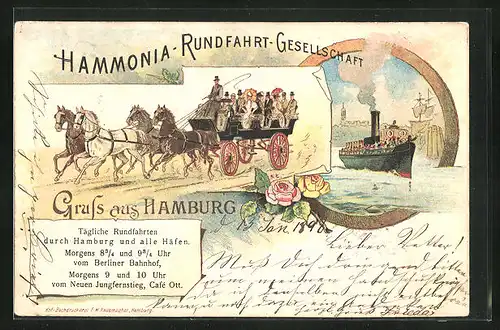 Lithographie Hamburg, Hammonia-Rundfahrt-Gesellschaft, Pferdekutsche und Dampfer