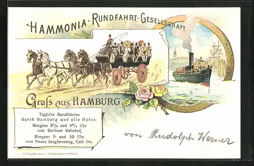 Lithographie Hamburg, Pferdekutsche und Dampfer, Hammonia-Rundfahrt-Gesellschaft