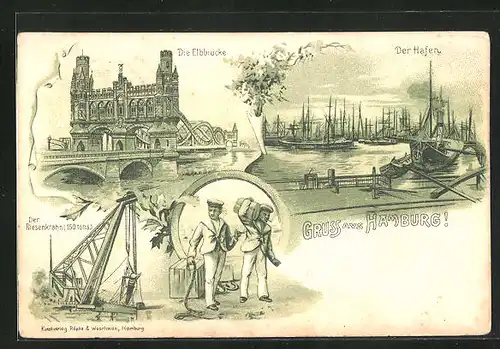 Lithographie Hamburg, Hafen mit Segelschiffen und der Riesenkrahn in Betrieb