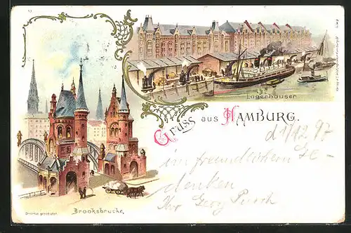 Lithographie Hamburg, Brooksbrücke und Lagerhäuser